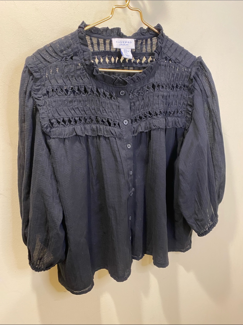 Calypso St. Barth Black Crochet Yoke Button-Down Cotton Top Sz XL - Picture 4 of 11
